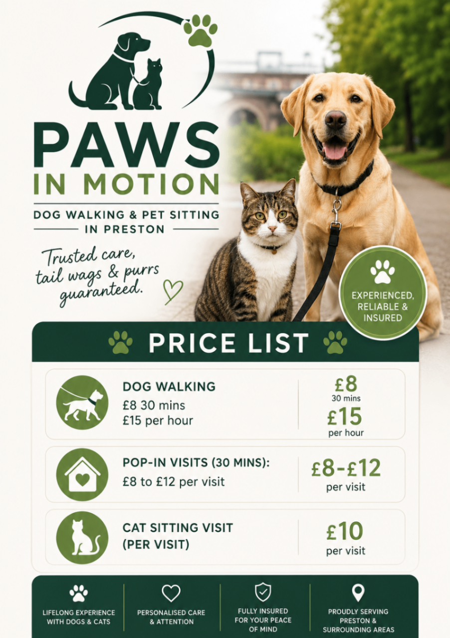 Paws In Motion price list — Dog Walking from £8, Pop-In Visits £8–£12, Cat Sitting £10 per visit